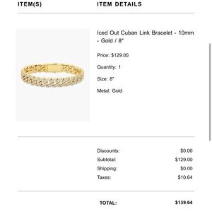 BRAND NEW - NEVER WORN. Iced Out Gold Cuban Link Bracelet. FREE SHIPPING.